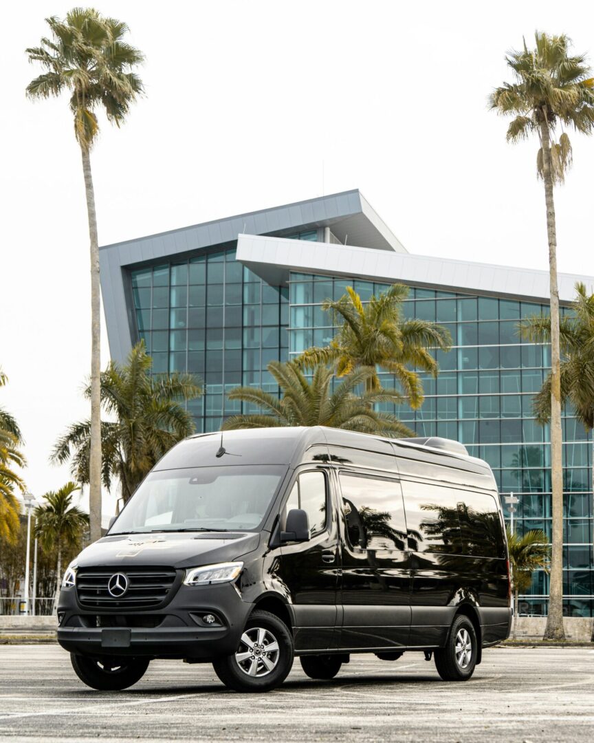 A black van parked near palm trees and a modern glass building.