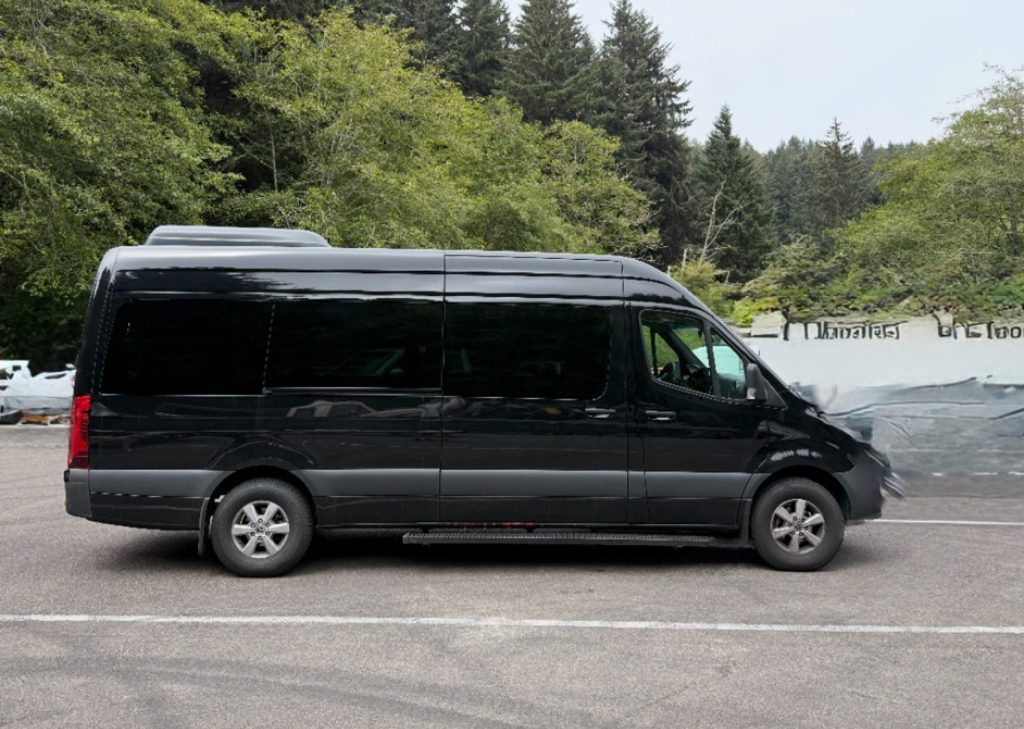 A sleek black luxury van parked on a road near trees.