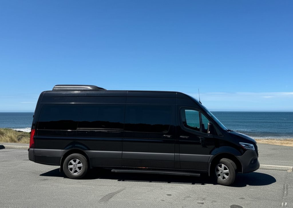 A sleek black van parked near the ocean under a clear blue sky.